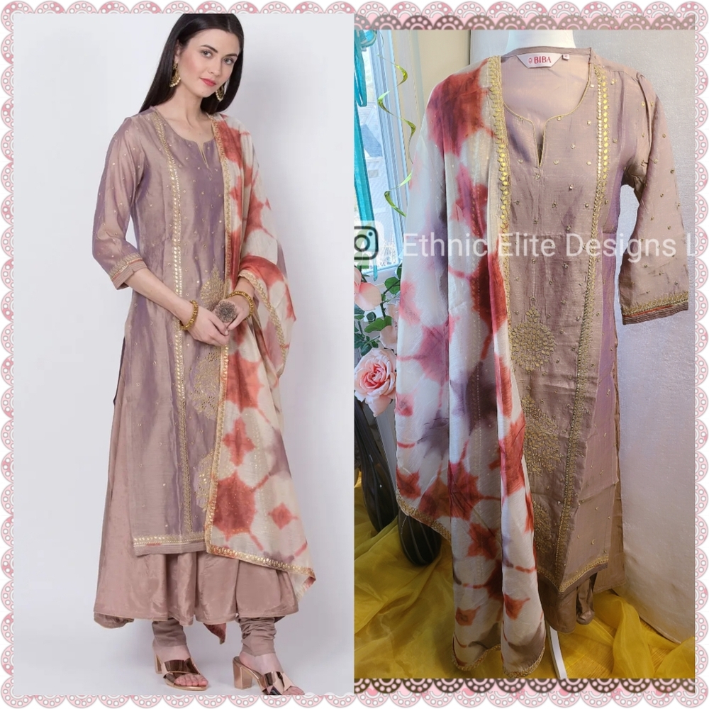 New BIBA 4 pc set Inner +Churidhar Pant + top +dupatta silk blend